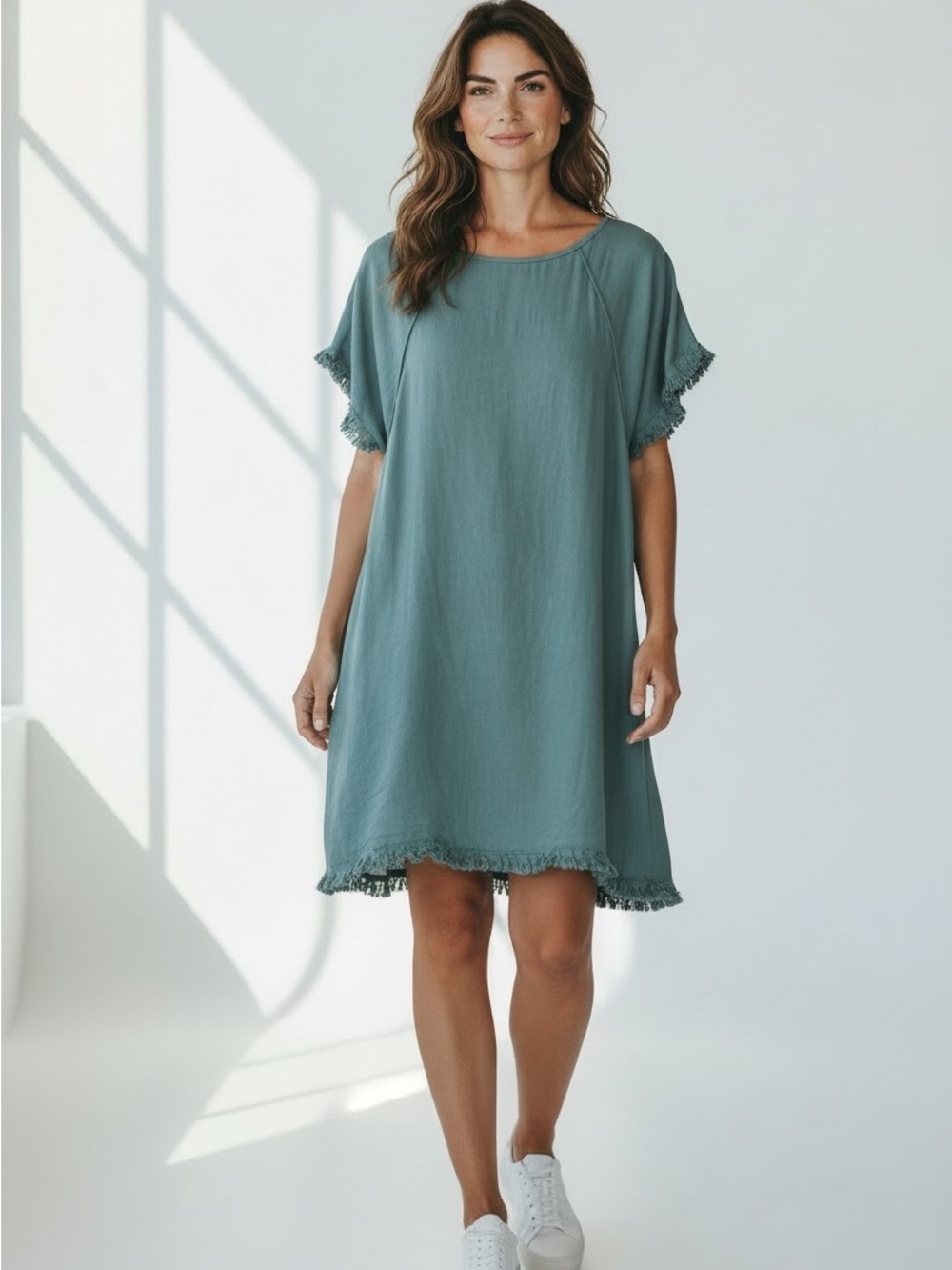 Umgee Green Teal Fringe Short Sleeve Tunic Shift Dress